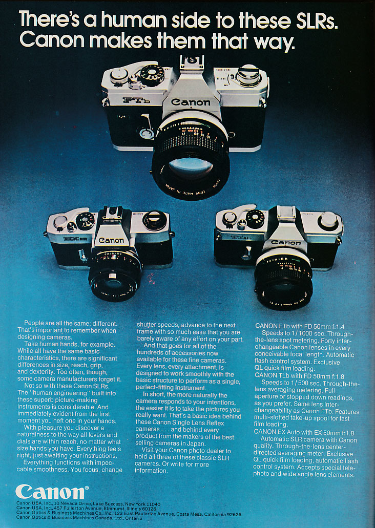 Canon FTb, EX ee and TLb ad (1973)